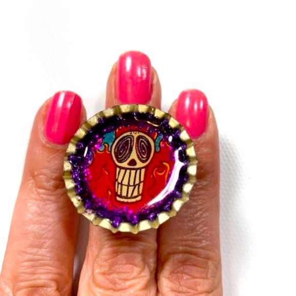 Ring | Adjustable Soda Cap DIY Dia De Los Muertos Theme Ring Skull Coco Skeleton - Picture 1 of 16